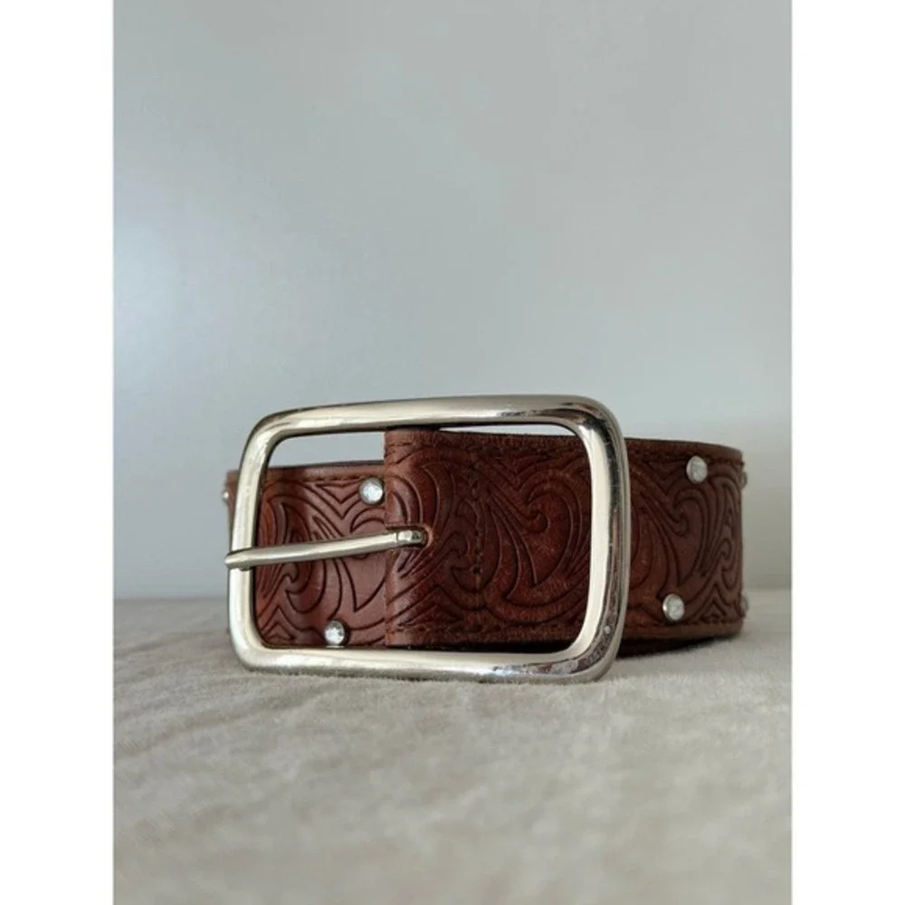Vintage Guess Leather Belt Western Rhinestone Embossed Full Grain Silver Buckle